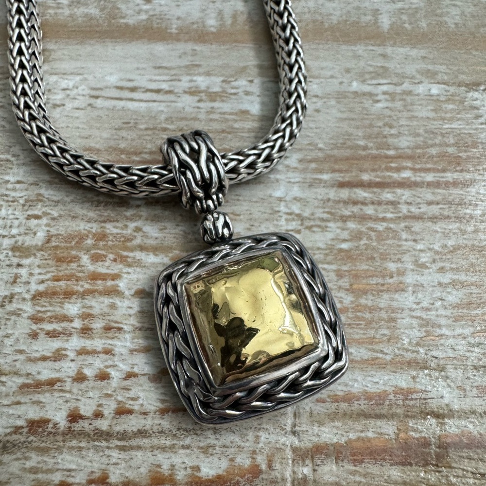 John Hardy Sterling Silver 22K Yellow Gold Palu Square Hammered Pendant Necklace